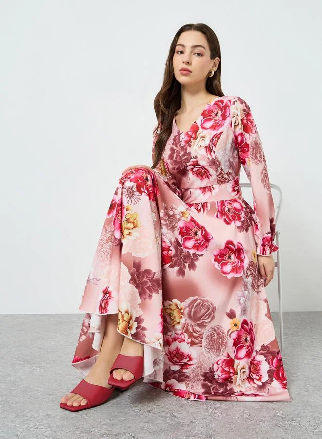 تايك تو فستان ميدي بكسرات وياقة بفتحة رقبة ونقشة زهور للنساء